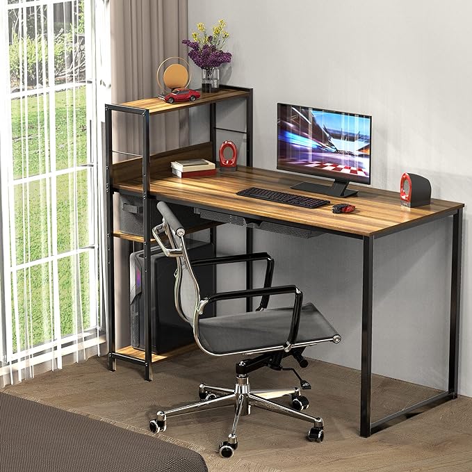 SHW 46-Inch Mission Desk with Side Shelf, 24" Deep, Walnut - LeafyLoom