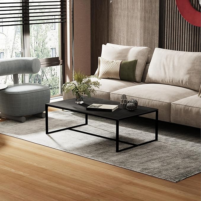 Wisfor Sintered Stone Coffee Table: Black Sofa Center Table with Black Metal Frame - Rectangular Furniture Decor Table for Living Room, 39.4x23.6x15.7 Inch - LeafyLoom