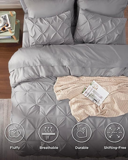 Bedsure Queen Comforter Set - Bed in a Bag Queen 7 Pieces, Pintuck Bedding Sets Grey Bed Set with Comforter, Sheets, Pillowcases & Shams - LeafyLoom