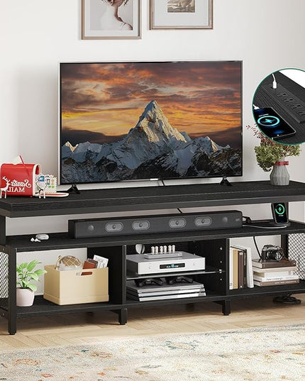 YITAHOME LED Television Stands w/Power Outlets for 70/65 inch, Modern Industrial TV Stand, Entertainment Center w/Open Storage TV Table, Entertainment Center for 360lbs for Living Room,Black - LeafyLoom