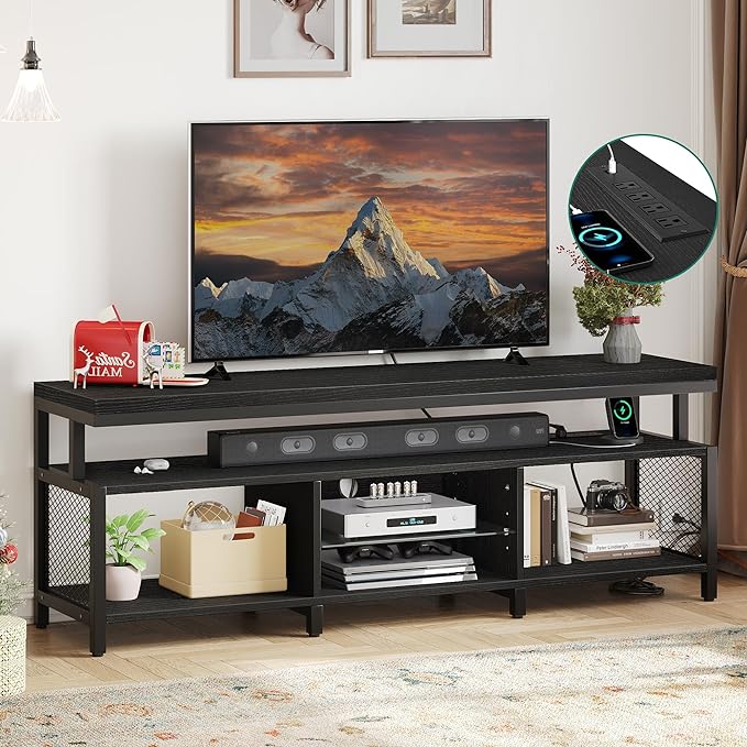 YITAHOME LED Television Stands w/Power Outlets for 70/65 inch, Modern Industrial TV Stand, Entertainment Center w/Open Storage TV Table, Entertainment Center for 360lbs for Living Room,Black - LeafyLoom