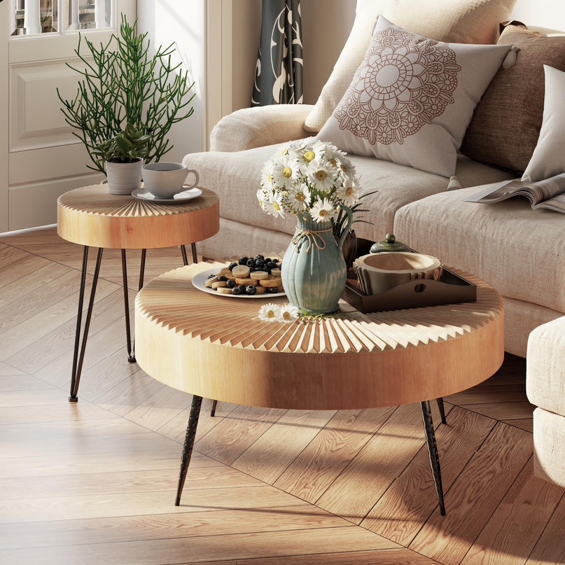 2-Piece Modern Farmhouse Living Room Coffee Table Set, Nesting Table Round Natural Finish with Handcrafted Wood Ring Motif, Wood Colour LeafyLoom