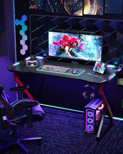 Gaming Desk with LED Lights, 47 Inch Computer Desk for Home Small Space, Gaming Table with Carbon Fiber Surface, PC Gamer Desk for Kids Boys Men, Black - LeafyLoom