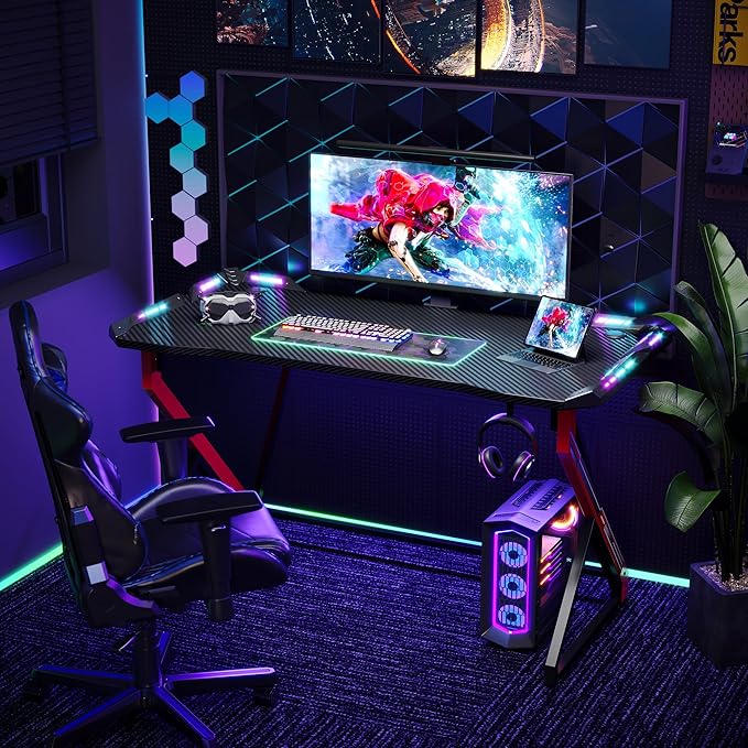 Gaming Desk with LED Lights, 47 Inch Computer Desk for Home Small Space, Gaming Table with Carbon Fiber Surface, PC Gamer Desk for Kids Boys Men, Black - LeafyLoom