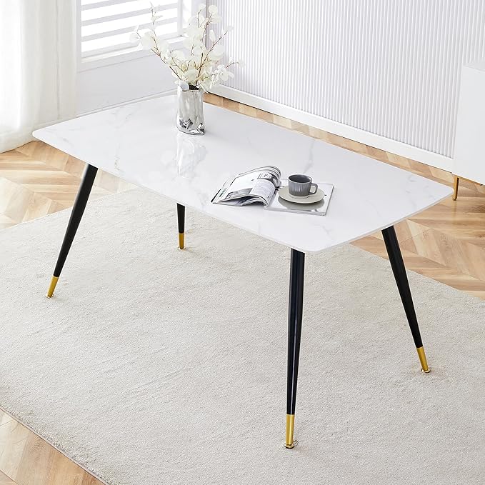 NicBex 62.2Inch Rectangular Dining Table,Modern Kitchen Table with Imitation Marble Tabletop and Black Metal Legs for 6 to 8,Large Dining Room Table for Kitchen,Meeting Living Room,Black+Gold - LeafyLoom