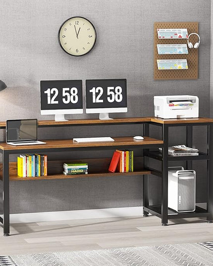 soges 62 Inch Computer Desk with Elevated Monitor Shelf, Home Office Desk with Storage Shelves, CPU Stand, Study Writing Table Workstation with Printer Stand - LeafyLoom