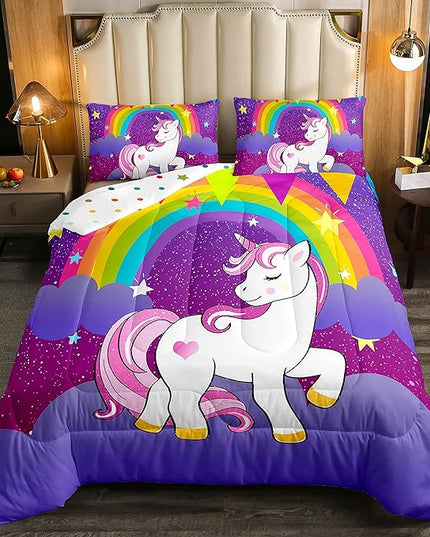 Girls Unicorn Bedding Set Full Kawaii Cute Unicorn Print Bedding Set Cartoon Horse Bedding Children Galaxy Stars Magical Unicorn Animal Down Comforter +2 Pillowcases Reversible Lightweight Purple - LeafyLoom