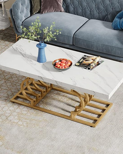 Tribesigns Modern Coffee Table, 47 Inch Faux Marble Cocktail Table with Geometric Frame, Rectangular Center Table Tea Table Accent Furniture for Living Room, Simple Assembly (White/Gold) - LeafyLoom