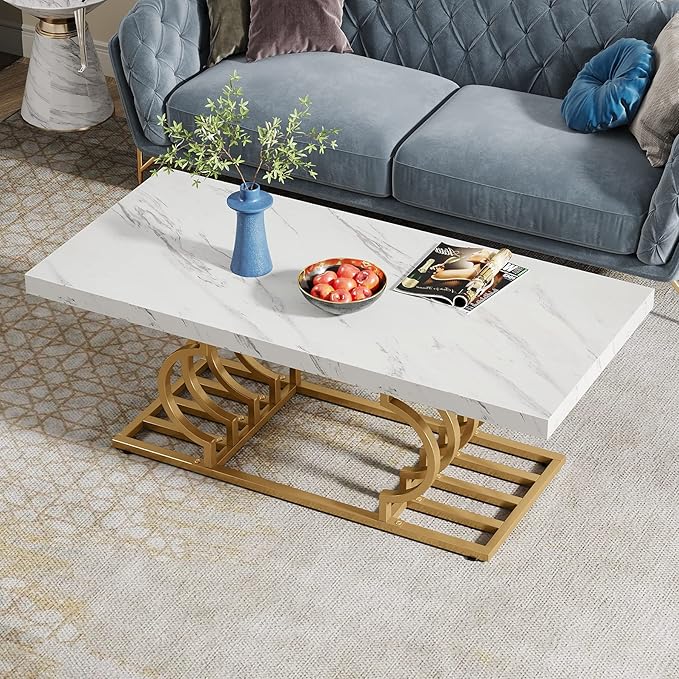 Tribesigns Modern Coffee Table, 47 Inch Faux Marble Cocktail Table with Geometric Frame, Rectangular Center Table Tea Table Accent Furniture for Living Room, Simple Assembly (White/Gold) - LeafyLoom