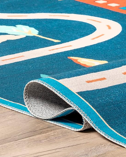 nuLOOM Zita Neighborhood Machine Washable Kids Ultra Thin Area Rug, 4' x 6', Blue Multi - LeafyLoom