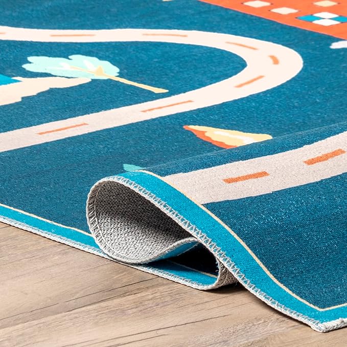 nuLOOM Zita Neighborhood Machine Washable Kids Ultra Thin Area Rug, 4' x 6', Blue Multi - LeafyLoom