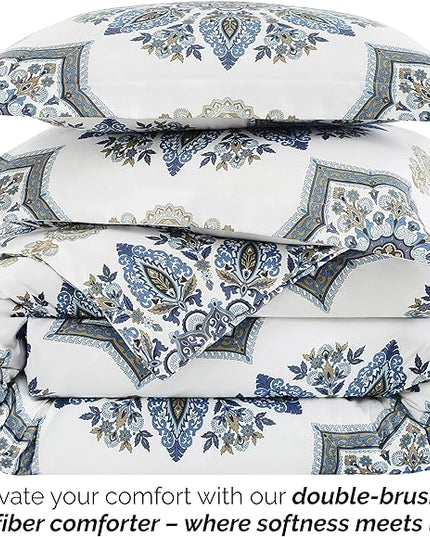 Southshore Fine Living, Inc. Oversized Full/Queen Comforter Bedding Set, Down Alternative Boho Bedspread, Paisley Floral Print Comforter, Full Size/Queen with 2 Matching Shams, Blue on White - LeafyLoom