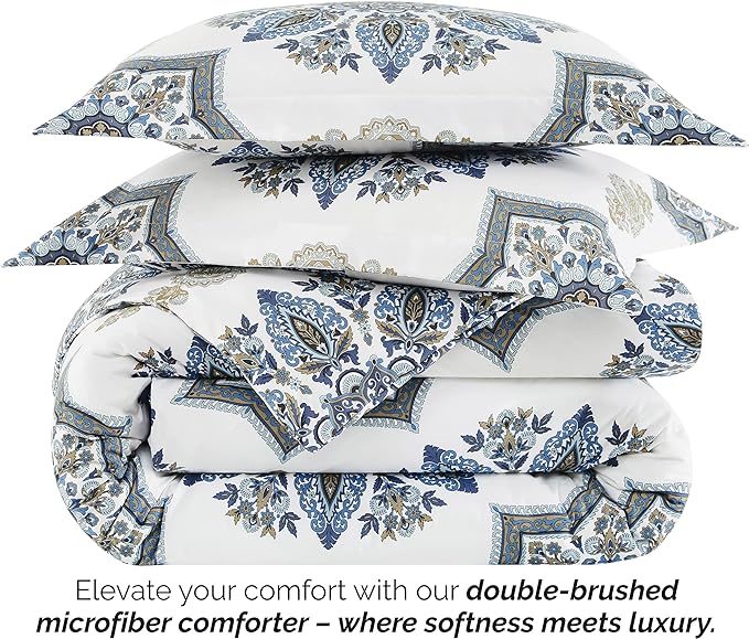 Southshore Fine Living, Inc. Oversized Full/Queen Comforter Bedding Set, Down Alternative Boho Bedspread, Paisley Floral Print Comforter, Full Size/Queen with 2 Matching Shams, Blue on White - LeafyLoom