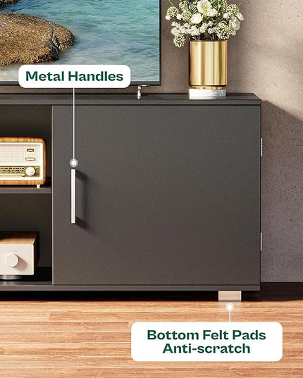 TV Stand for 55 Inch TV, Entertainment Center with Storage, 2 Cabinets, TV Console Media Cabinet with 6 Cable Holes, Black TV Stand for Living Room, Bedroom - LeafyLoom