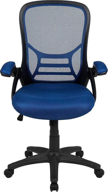 Flash Furniture Porter High-Back Swivel Office Chair with Adjustable Lumbar Support and Seat Height, Ergonomic Mesh Desk Chair with Flip-Up Armrests, Blue/Black - LeafyLoom