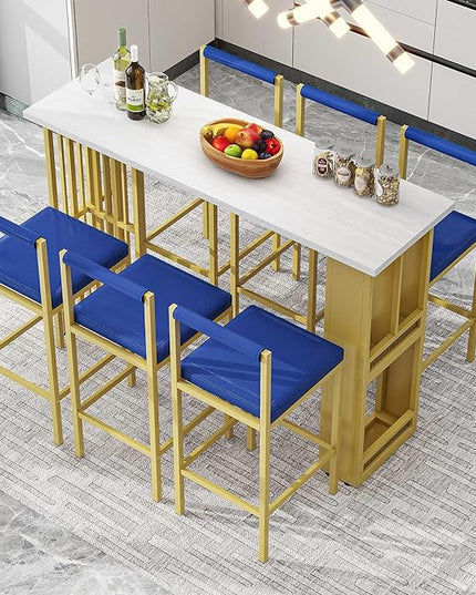 7-Piece Multi-Functional Modern Counter Height Dining Bar Table Set with Open Shelves and 6 Upholstered Stools with Gold Metal Frame for Home Pub Kitchen Room (White+Blue) - LeafyLoom