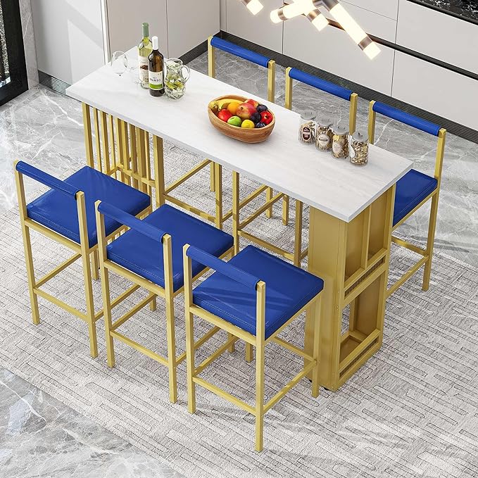 7-Piece Multi-Functional Modern Counter Height Dining Bar Table Set with Open Shelves and 6 Upholstered Stools with Gold Metal Frame for Home Pub Kitchen Room (White+Blue) - LeafyLoom