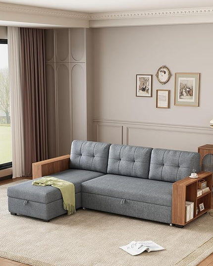 Convertible Sectional Couch with Pull Out Bed and Storage Chaise,L Shaped Sleeper Sofa W/Storage Cabinet Armrests & Removable Back Cushions,Living Room Furniture,for Home,Office,Light Grey,84" - LeafyLoom