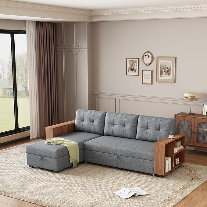 Convertible Sectional Couch with Pull Out Bed and Storage Chaise,L Shaped Sleeper Sofa W/Storage Cabinet Armrests & Removable Back Cushions,Living Room Furniture,for Home,Office,Light Grey,84" - LeafyLoom