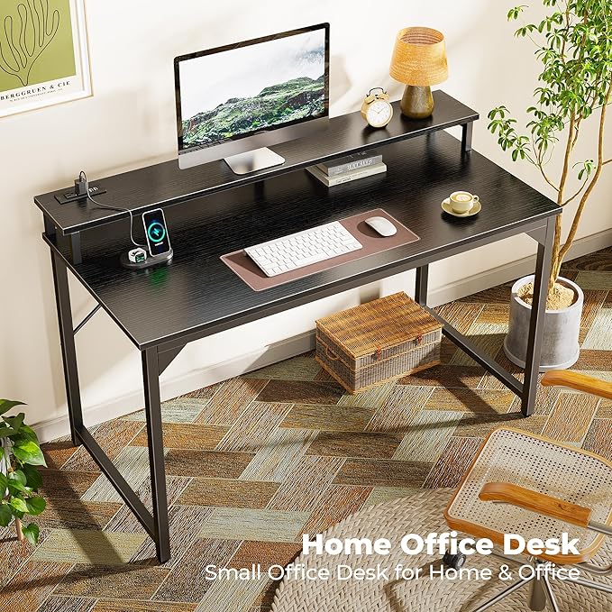 SUPERJARE 47 inch Computer Desk with LED Lights & Power Outlets, Home Office Desk with Monitor Shelf, Small Desk for Home & Office, Black - LeafyLoom