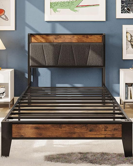LIKIMIO Twin XL Bed Frames, Storage Headboard with Charging Station, Solid and Stable, Noise Free, No Box Spring Needed, Easy Assembly - LeafyLoom