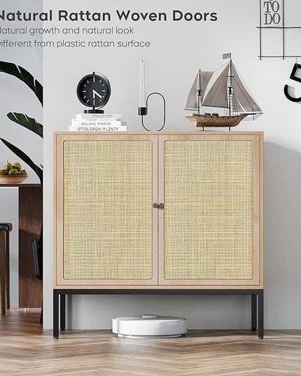 Brafab Sideboard Buffet Cabinet with Storage, Accent Cabinet with Natural Rattan Decorated Doors, Rattan Cabinet, for Living Room, Entryway, Bedroom, Dining Room/Square Doors - LeafyLoom