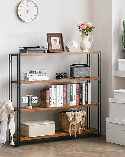 Bookshelf,4-Tier Industrial Bookcase,Rustic Wood and Metal Open Display Book Shelves Home Office,Bedroom Standing Shelf Unit,Horizontal Kitchen Shelf Organizer,Bathroom Storage Rack Mid Century 47in - LeafyLoom