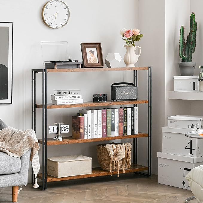 Bookshelf,4-Tier Industrial Bookcase,Rustic Wood and Metal Open Display Book Shelves Home Office,Bedroom Standing Shelf Unit,Horizontal Kitchen Shelf Organizer,Bathroom Storage Rack Mid Century 47in - LeafyLoom