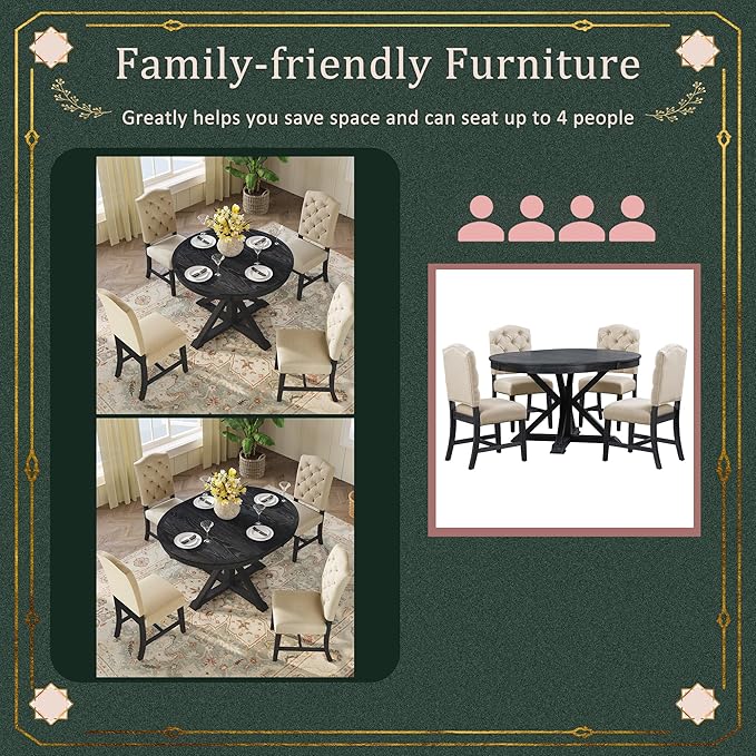 5-Piece Retro Style Dinette Sets with Round Extendable Kitchen Dining Table, 4 Upholstered Chairs, for Diningroom Living Room, Easy to Assemble, Espresso 5 - LeafyLoom