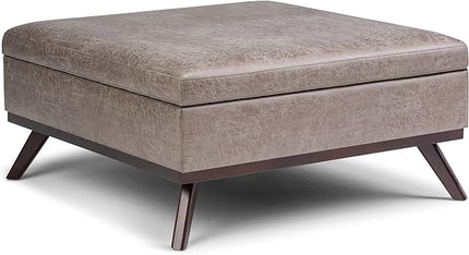SIMPLIHOME Owen 36 Inch Wide Mid Century Modern Square Coffee Table Lift Top Storage Ottoman in Upholstered Distressed Grey Taupe Faux Leather, For the Living Room - LeafyLoom