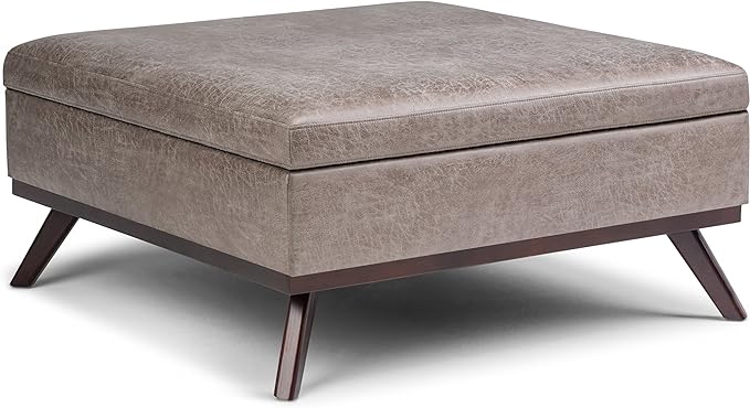 SIMPLIHOME Owen 36 Inch Wide Mid Century Modern Square Coffee Table Lift Top Storage Ottoman in Upholstered Distressed Grey Taupe Faux Leather, For the Living Room - LeafyLoom