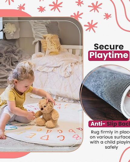 ABC Rug for Kids Room - 40 inch Round Alphabet Rug - ABC Classroom Rug for Kids Learning - Round Rug for Kids Room Decor - ABC Rugs for Kids Playroom - Round Nursery Rug - ABC Mats for Floor Toddlers - LeafyLoom