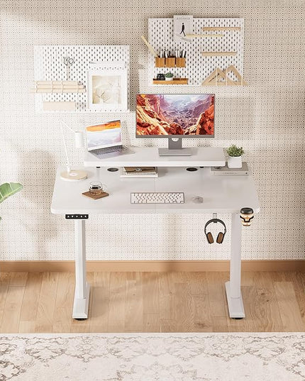 Electric Standing Desk with Monitor Shelf, 47 x 24 Inches Height Adjustable Corner Table, Computer Workstation with Cup Holder and Hook for Home Office, White, 47x24 Inch - LeafyLoom