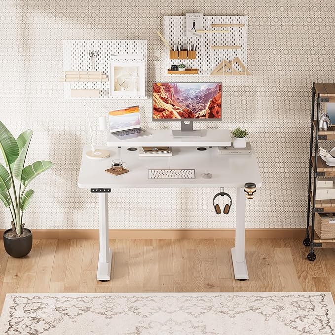 Electric Standing Desk with Monitor Shelf, 47 x 24 Inches Height Adjustable Corner Table, Computer Workstation with Cup Holder and Hook for Home Office, White, 47x24 Inch - LeafyLoom