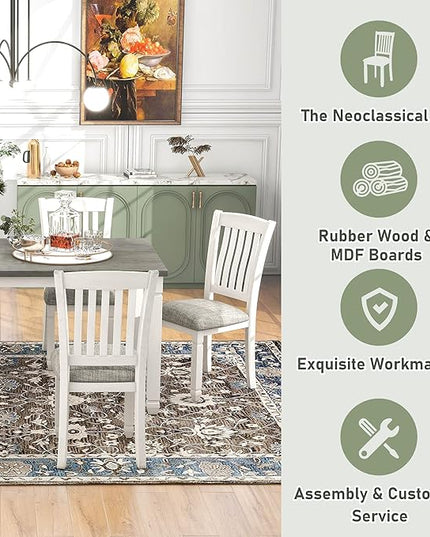 7 Piece Dining Set Wood Rectangular Table and 6 Upholstered Chairs with Shaped Legs for Living Furniture, Guest Room, Home Bar, and Kitchen, White+Gray 37 - LeafyLoom