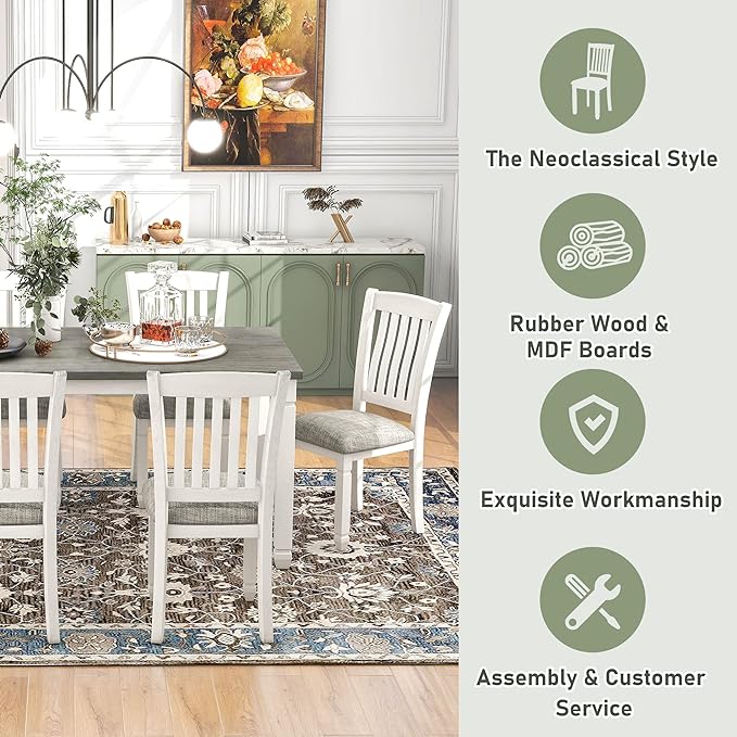 7 Piece Dining Set Wood Rectangular Table and 6 Upholstered Chairs with Shaped Legs for Living Furniture, Guest Room, Home Bar, and Kitchen, White+Gray 37 - LeafyLoom