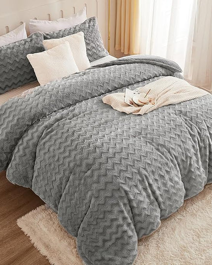 Andency Grey Fleece Comforter Set Queen Size, 3 Pieces Fuzzy Fluffy Faux Fur Bedding Comforter Set for Queen Bed, Warm Plush Shaggy Sherpa Bed Set for Women Man - LeafyLoom