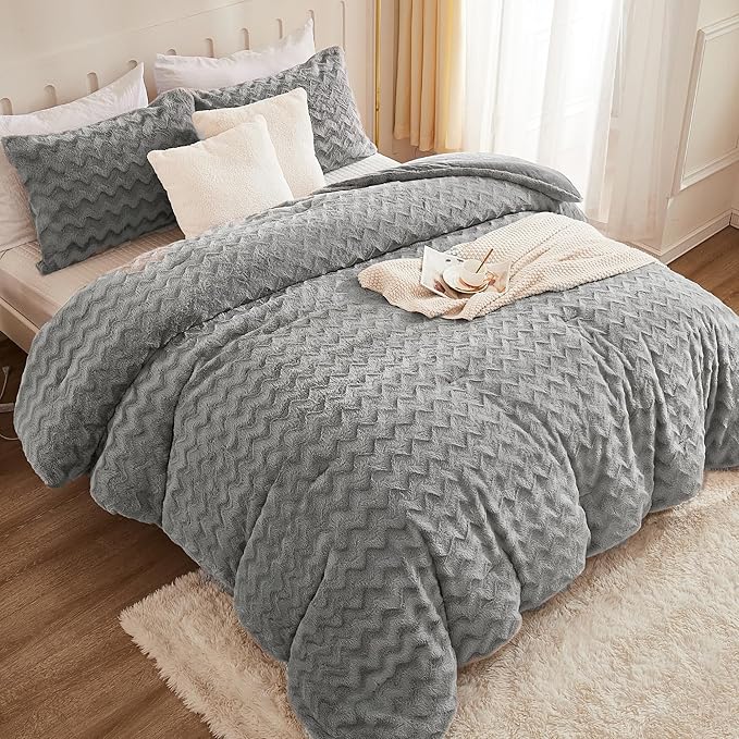 Andency Grey Fleece Comforter Set Queen Size, 3 Pieces Fuzzy Fluffy Faux Fur Bedding Comforter Set for Queen Bed, Warm Plush Shaggy Sherpa Bed Set for Women Man - LeafyLoom