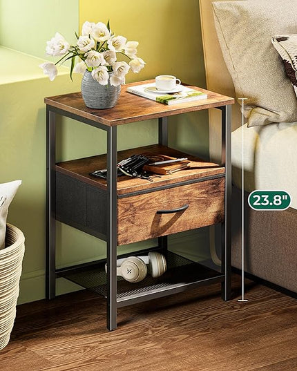 Nightstand Set of 2, Night Stand with Fabric Drawer, Mesh Shelf, Side Table with Storage, Fabric Drawer Dresser, Open Shelf, Metal Frame, Bedroom, Rustic Brown - LeafyLoom