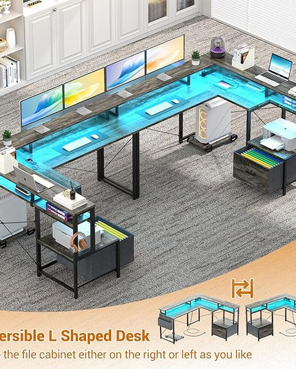 Unikito L Shaped Desk with File Drawer, Reversible L Shaped Computer Desk with Power Outlet & LED Lights, Home Office Desk Corner Desk with Monitor Shelf and Printer Cabinet, Gaming Desk, Black Oak - LeafyLoom