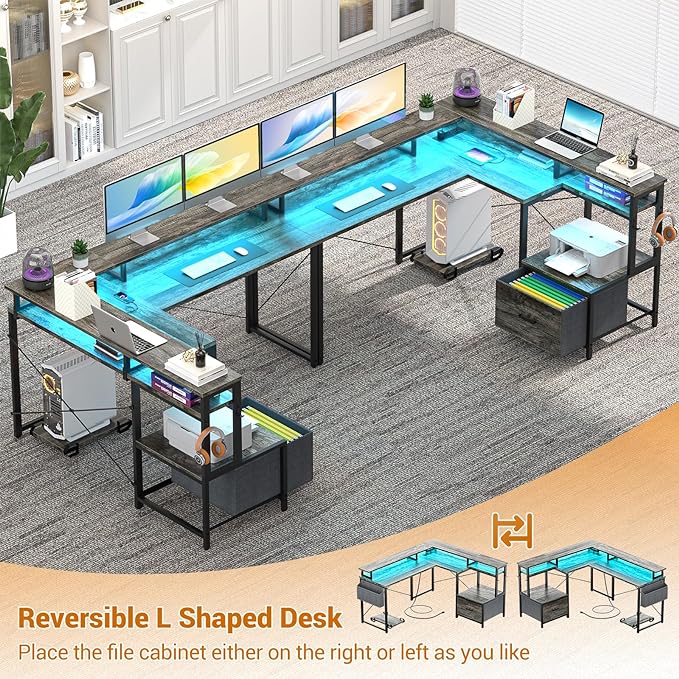 Unikito L Shaped Desk with File Drawer, Reversible L Shaped Computer Desk with Power Outlet & LED Lights, Home Office Desk Corner Desk with Monitor Shelf and Printer Cabinet, Gaming Desk, Black Oak - LeafyLoom