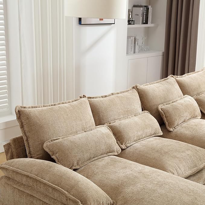 6 Seater Overstuffed Modular Sectional Sofa Cloud Couch with Double Chaise Lounge, U Shaped Chenille Upholstered Leisure Sofa&Couches with Memory Foam and Waist Pillows for Living Room Office - LeafyLoom