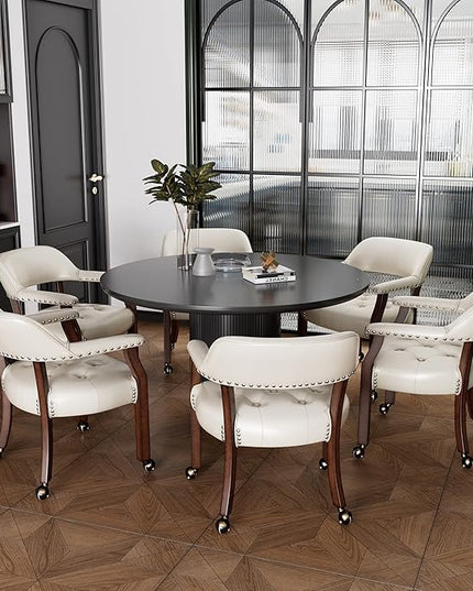 Large Dining Chairs with Casters and Arms, Rolling Dining Chairs with Wheels, Accent Game Poker Chairs, Wood Boss Caption's Chairs, 26“Dx25.2 Wx31.5“H, Cherry Legs & Ivory PU, SY-1533-WT - LeafyLoom