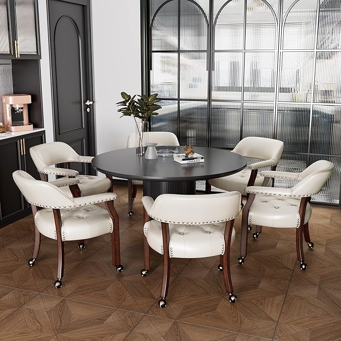 Large Dining Chairs with Casters and Arms, Rolling Dining Chairs with Wheels, Accent Game Poker Chairs, Wood Boss Caption's Chairs, 26“Dx25.2 Wx31.5“H, Cherry Legs & Ivory PU, SY-1533-WT - LeafyLoom