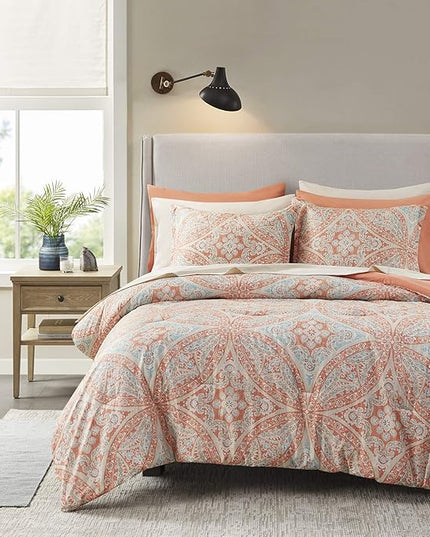 Comfort Spaces Bed in A Bag - Trendy Casual Design Cozy Comforter with Complete Sheet Set with Side Pocket, All Season Cover, Matching Shams, Full(80"x90"), Gloria, Damask Coral 9 Piece - LeafyLoom