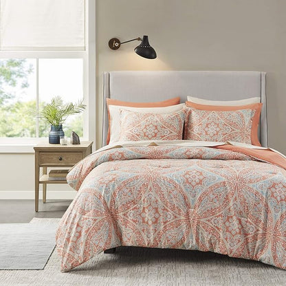 Comfort Spaces Bed in A Bag - Trendy Casual Design Cozy Comforter with Complete Sheet Set with Side Pocket, All Season Cover, Matching Shams, King(104"x90"), Gloria, Damask Coral 9 Piece - LeafyLoom