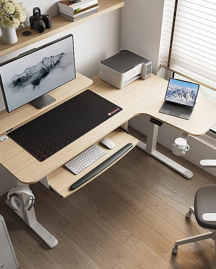 EUREKA ERGONOMIC Standing Desk Adjustable Height 61" Electric Sit Stand Computer Desk L Shaped with Keyboard Tray,Monitor Stand &LED, Dual Motor Memory Presets Sit to Desk Adjustable Desk, Right/Maple - LeafyLoom