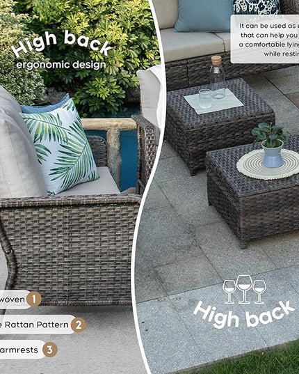 Yechen Patio Conversation Set 7 Seats with 44" Propane Gas Fire Pit Table - 6 Pcs Outdoor Wicker Furniture Set with Lid & Wind Shields - Sectional Sofa Set for Porch,Backyard - LeafyLoom