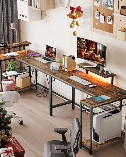 Bestier 58 L Shaped Desk with Power Outlets,Home Office Corner Desk with Reversible Shelves & LED Lights - Modern Simple Writing Study Desk for Small Space,Rustic Brown - LeafyLoom