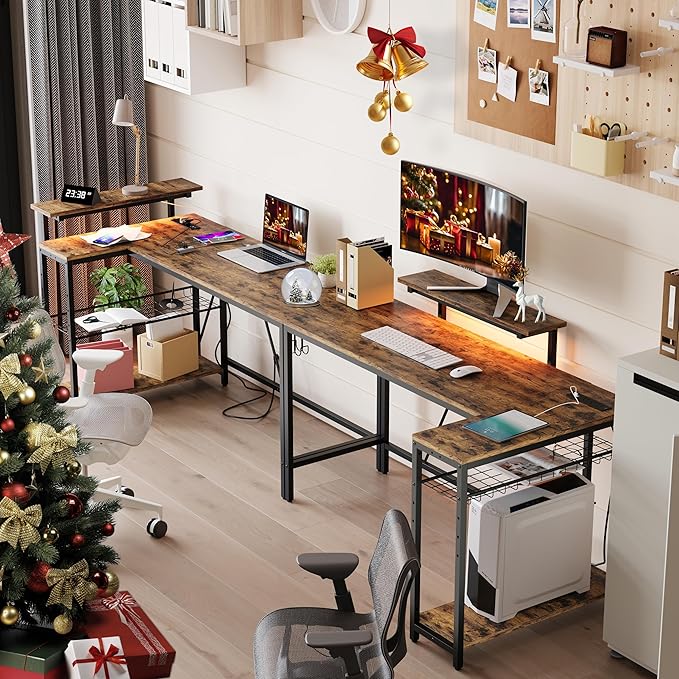 Bestier 58 L Shaped Desk with Power Outlets,Home Office Corner Desk with Reversible Shelves & LED Lights - Modern Simple Writing Study Desk for Small Space,Rustic Brown - LeafyLoom